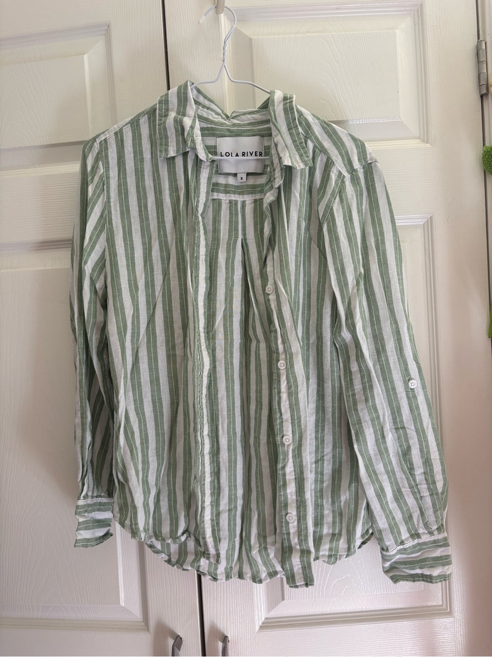 Green & White Striped Casual Linen Button-Down Shirt